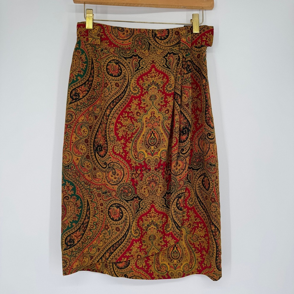 Vtg 90s Jones NY 100% Silk Wrap Skirt 4 Paisley Dark Academia Old Money Preppy